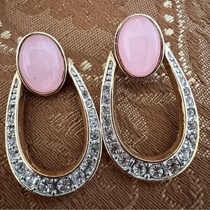 Butler Vintage Statement Rose Quartz Gold Diamanté Pave Earrings